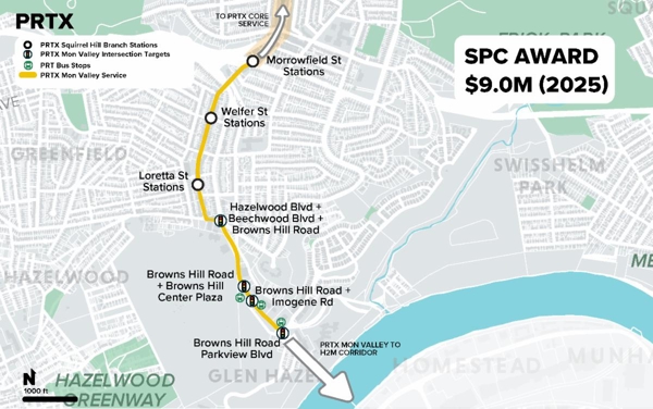 A map outlining the proposed PRTX extension through Squirrel Hill and Greenfield