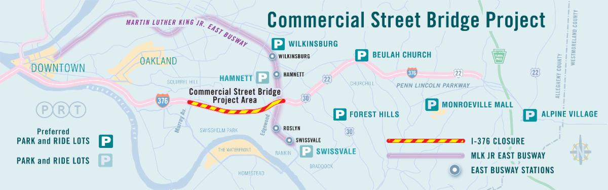 A map showing the Commercial Street Bridge Project detour and the recommended park and ride lots